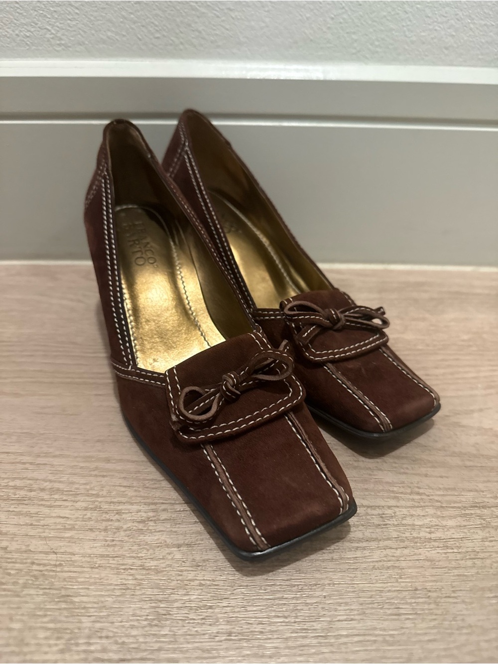 Franco Sarto Brown Square Toe Loafer Bow Pumps Y2K 6.5